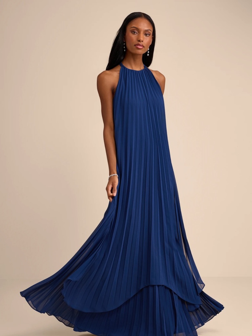 Lulu's Navy Pleated Halter Maxi Dress